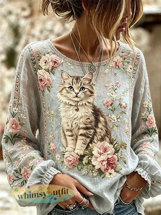 Damesshirt met kattenborduurwerk en print - als foto / S