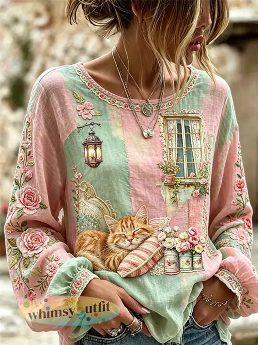 Damesshirt met kattenborduurwerk en print - als foto / S