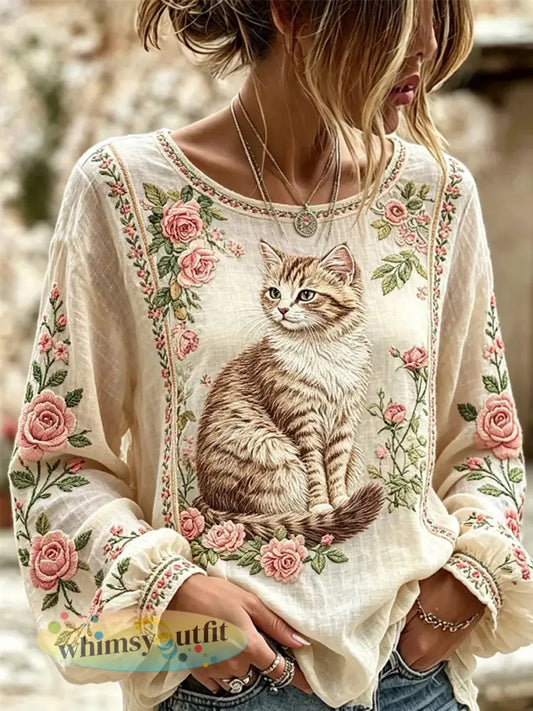 Damesshirt met kattenborduurwerk en print - als foto / S