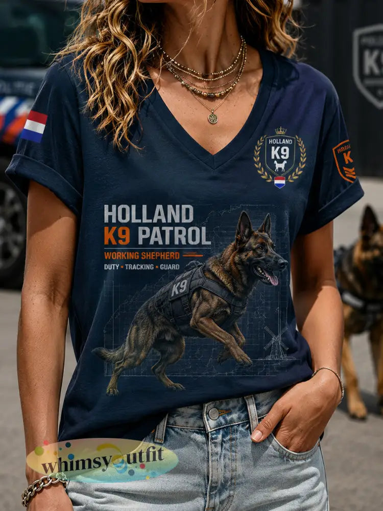 Damesshirt met V-hals en afbeelding van een politiehond - A / S