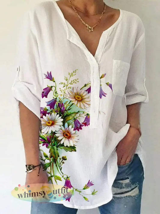 Damesshirt van linnenmix met bloemenprint - Wit / S