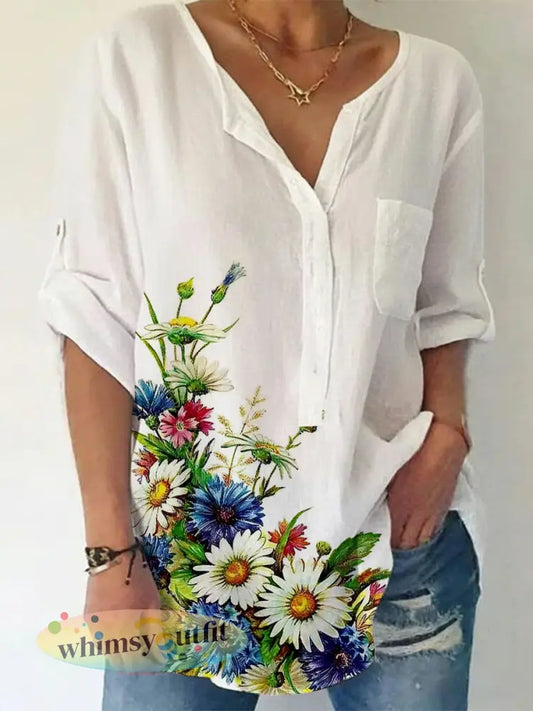 Damesshirt van linnenmix met bloemenprint - Wit / S