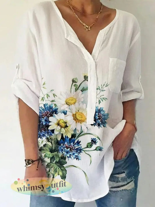 Damesshirt van linnenmix met bloemenprint - Wit / S