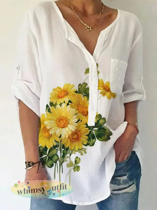 Damesshirt van linnenmix met bloemenprint - Wit / S