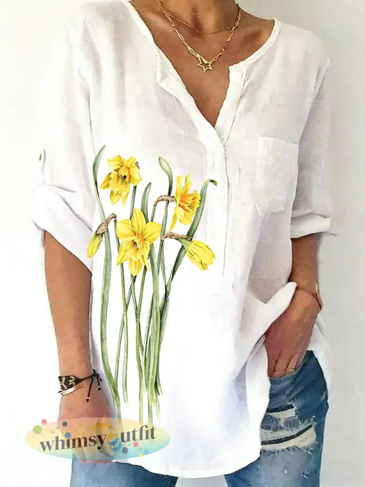 Damesshirt van linnenmix met bloemenprint - Wit / S
