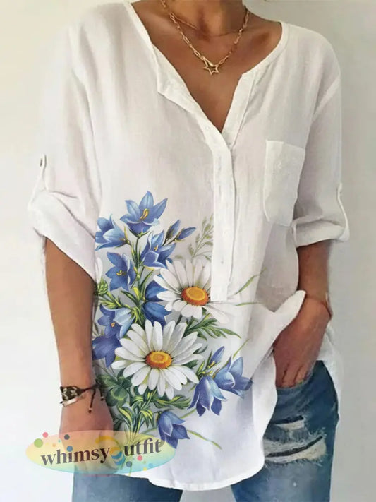 Damesshirt van linnenmix met bloemenprint - Wit / S