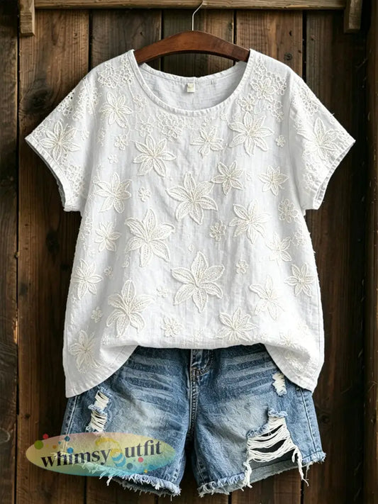 Damesstijlvolle katoenen linnen blouse met lelietjes-voor-mijntjesprint - Wit / S
