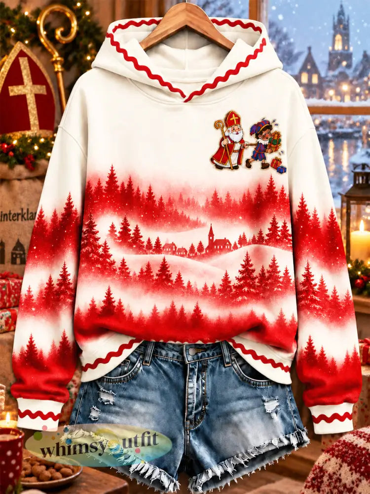 Damessweatshirt met capuchon casual met kleurverloop en Sinterklaasprint - Romig-Wit / S