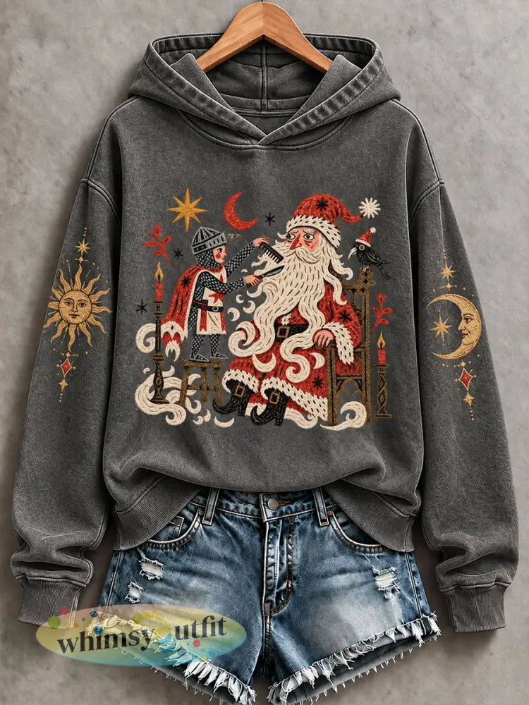 Damessweatshirt met vintage Scandinavische print: ’Soldaat knipt de baard van de Kerstman’ – casual stijl - Donkergrijs