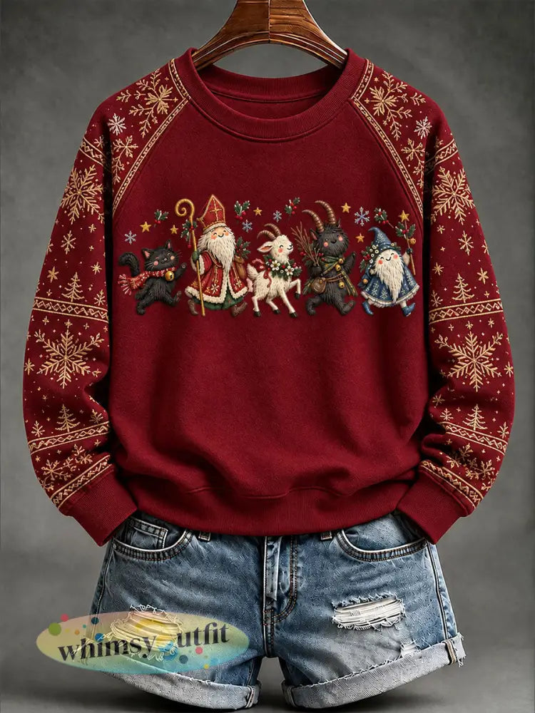 Damessweatshirt met winterse folklore- Sint-Nicolaas- en kerstprint casual stijl - Rood / S