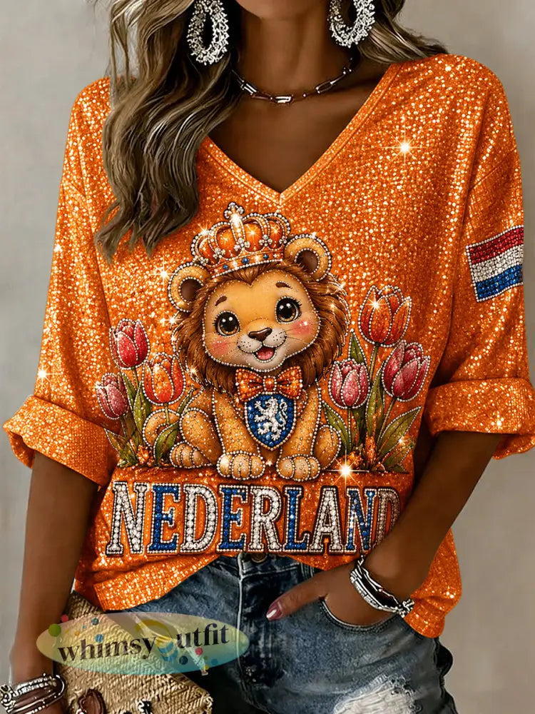 Damestop met leeuw en tulp bloemenprint en V-hals - A / S