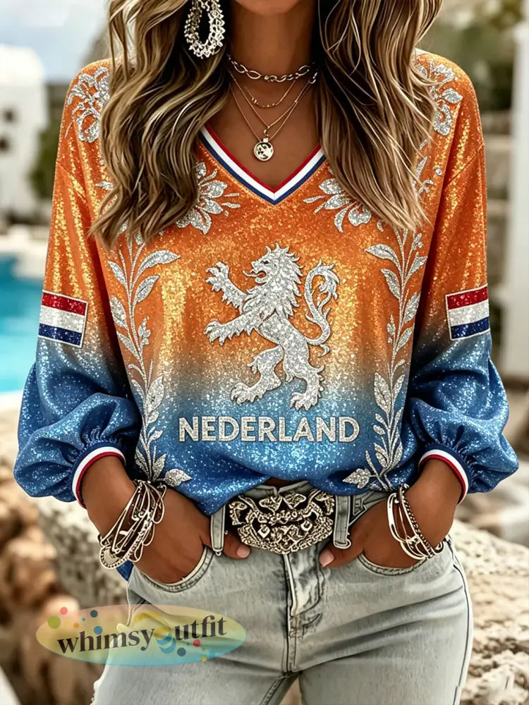 Damestop met lovertjes leeuwen- en bloemenprint en V-hals - A / S
