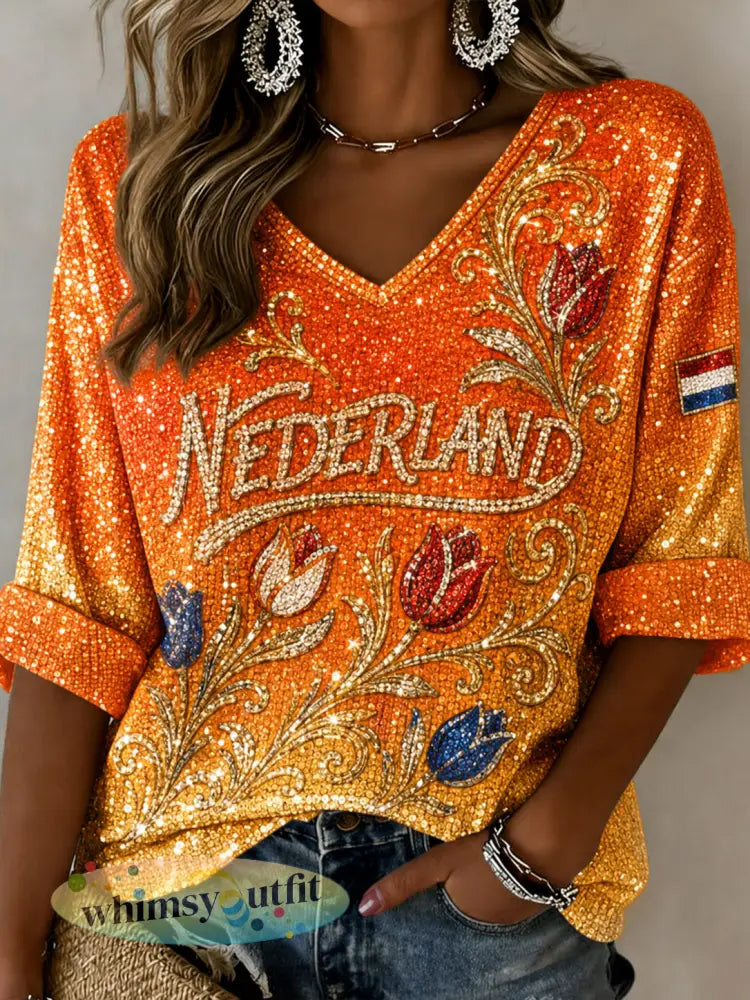 Damestop met lovertjes leeuwen- en bloemenprint en V-hals - A / S