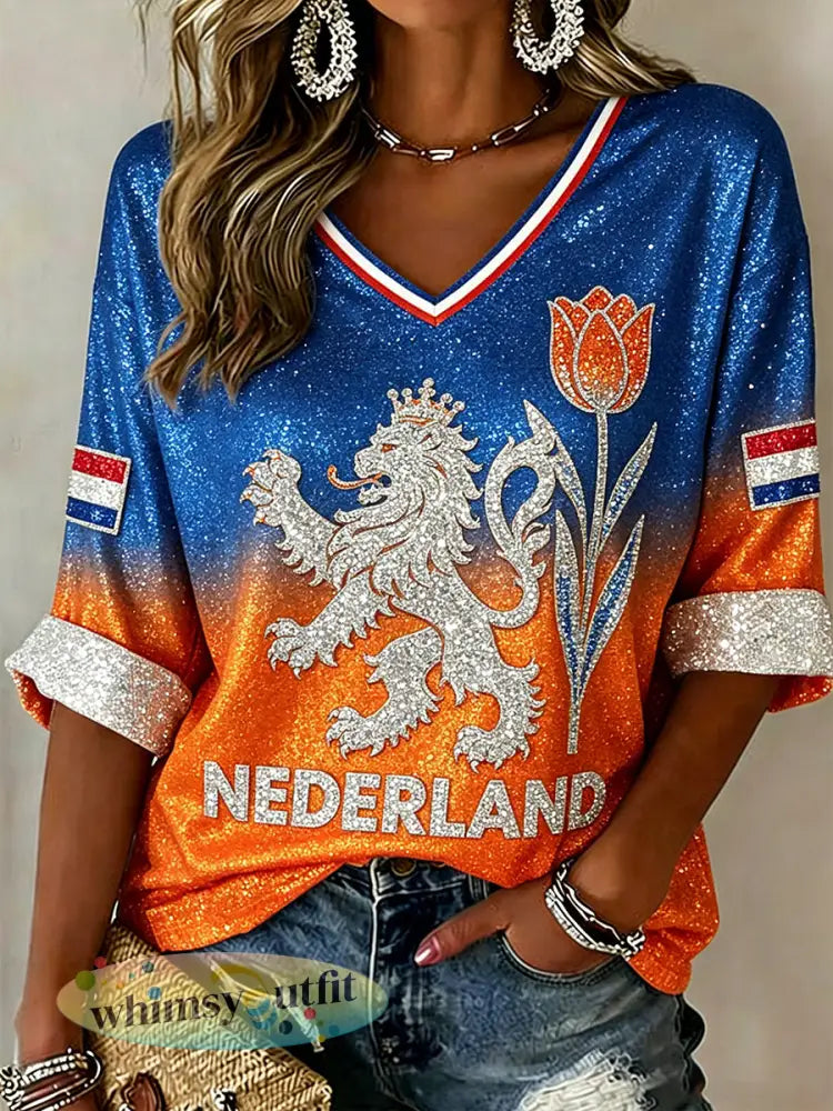 Damestop met lovertjes leeuwen- en bloemenprint en V-hals - A / S