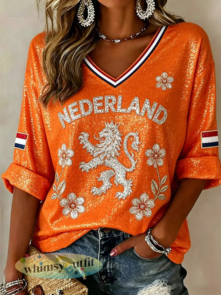 Damestop met pailletten leeuw- en bloemenprint en V-hals - A / S