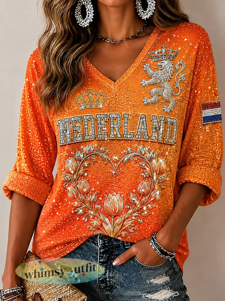 Damestop met pailletten tulp- en leeuwenprint en V-hals - A / S