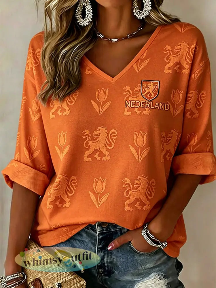 Damestop met tulp- en leeuwenprint en V-hals - A / S