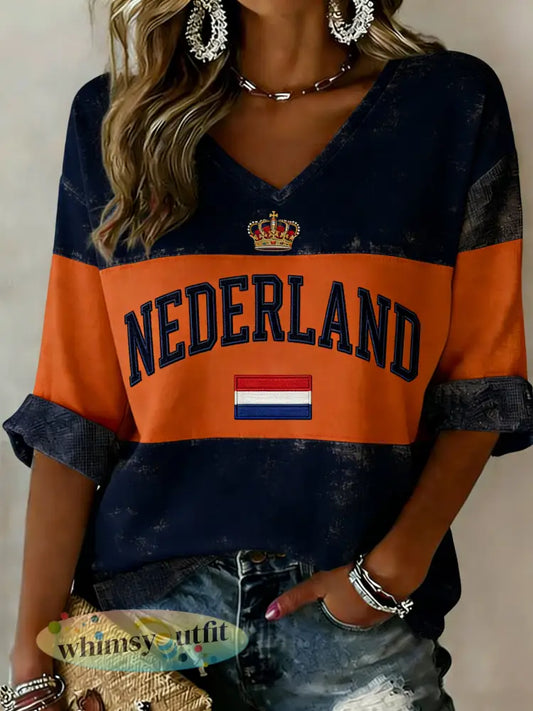 Damestop met V-hals en print met Koningsdag-thema - A / S