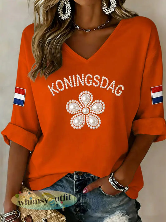 Damestop met V-hals en print met Koningsdag-thema - A / S