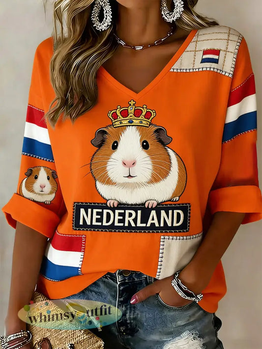 Damestop met V-hals en print met Koningsdag-thema - A / S