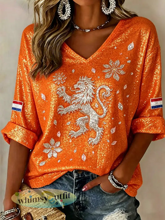 Damestop met V-hals en print van leeuwen bloemen en pailletten - A / S