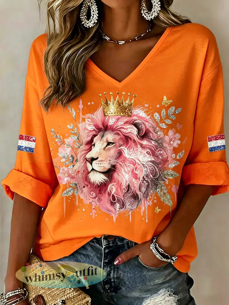 Damestop met V-hals en print van leeuwen bloemen en pailletten - A / S