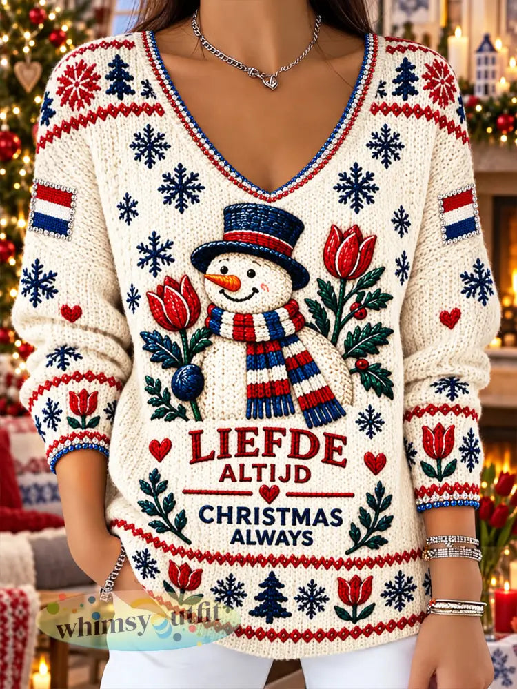 Damestrui met V-hals offwhite Nederlandse kerstprint casual stijl - Romig-Wit / S