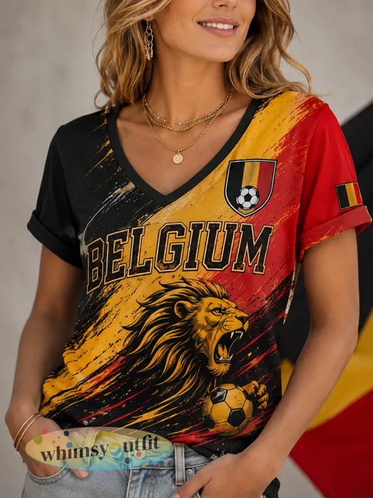 Damesvoetbal-themaprint met korte mouwen en V-hals - A / S