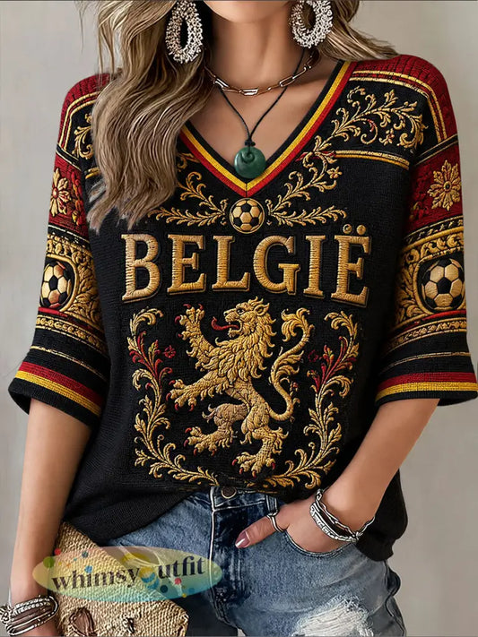 Damesvoetbalshirt uit België met middellange mouwen en V-hals - Zwart / S