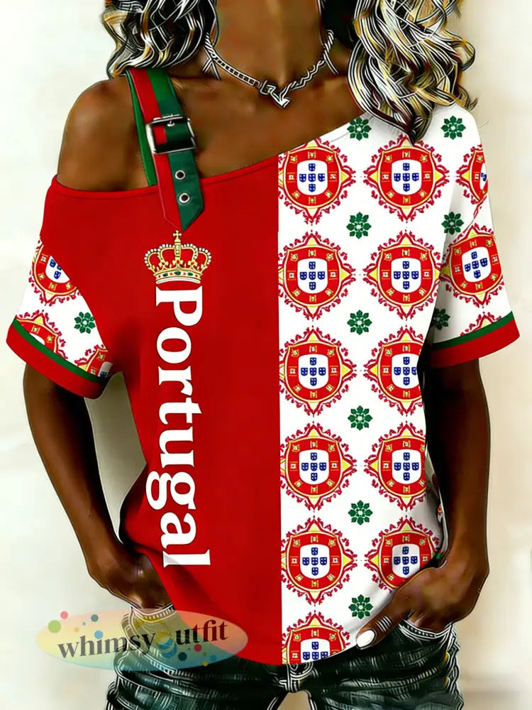 Damesvoetbalwedstrijd Portugal gejuich art print off-shoulder top met korte mouwen - A / S