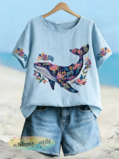 Dameswalvis bloemenkunst linnen T-shirt met korte mouwen - Lichtblauw / S
