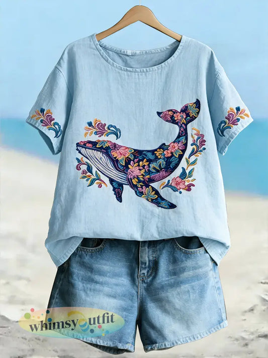 Dameswalvis bloemenkunst linnen T-shirt met korte mouwen - Lichtblauw / S