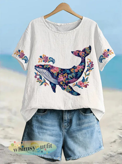 Dameswalvis bloemenkunst linnen T-shirt met korte mouwen - Wit / S