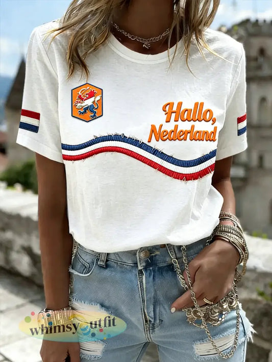 Dameswitte casual T-shirt met Nederlandse vlagprint - Wit / S