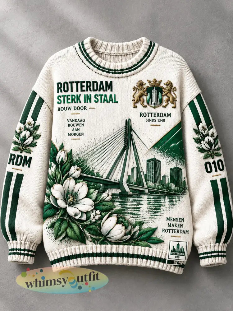 Dameswitte Rotterdam-stadprint casual herfst-/wintertrui - Romig-Wit / S