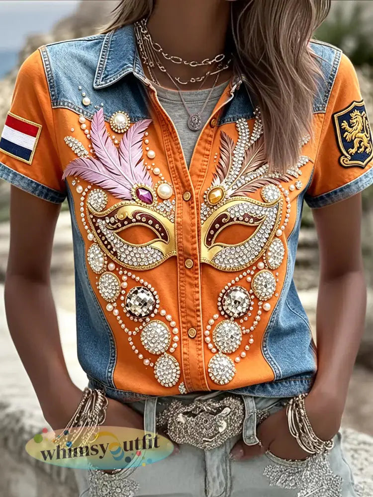 Dameszomerse katoenen patchwork-shirt met korte mouwen voor het Rotterdams Zomercarnaval - Sinaasappel / S