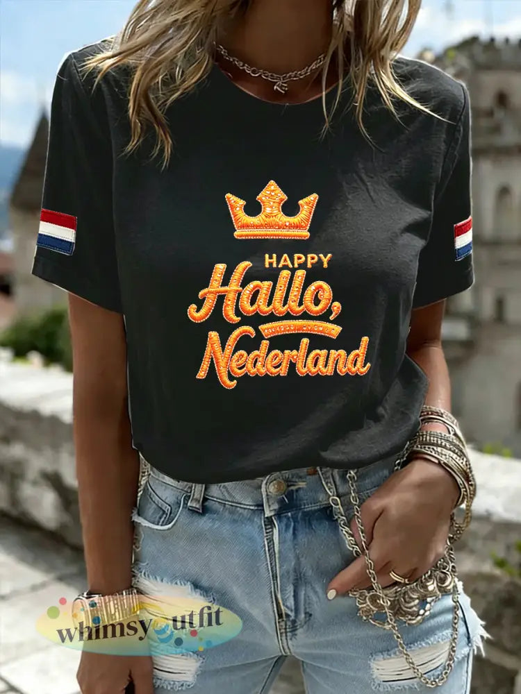 Dameszwart ‘Hello Netherlands’-casual t-shirt met paillettenprint - Zwart / S