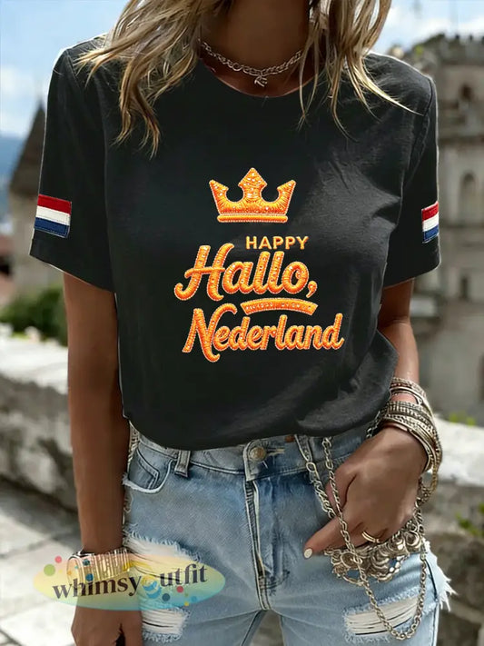 Dameszwart ‘Hello Netherlands’-casual t-shirt met paillettenprint - Zwart / S