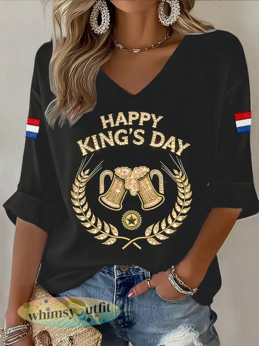 Dameszwart Koningsdagprint casual T-shirt met V-hals - Zwart / S