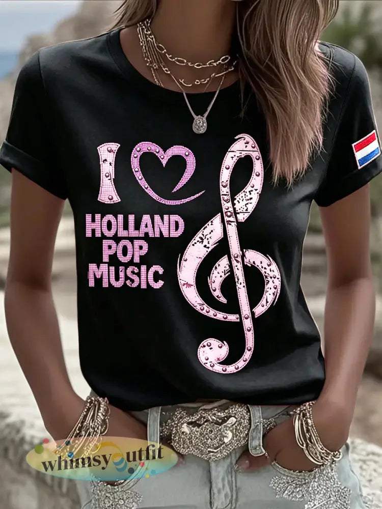 Dameszwart t-shirt met Nederlandse muziekprint en casual stijl - Zwart / S