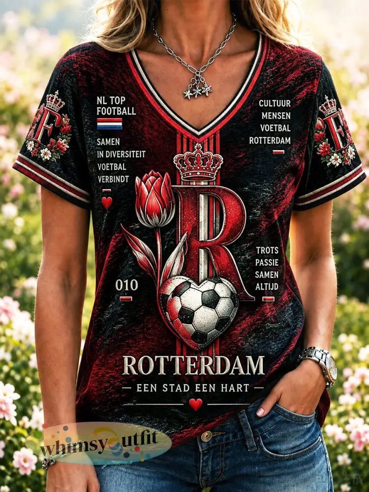 Dameszwart Feyenoord-voetbalprint casual T-shirt met V-hals - Zwart / S