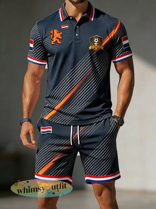 Deep Blue Casual gestreepte poloshirt met voetbalprint en korte broek voor heren - Diep Blauw / S