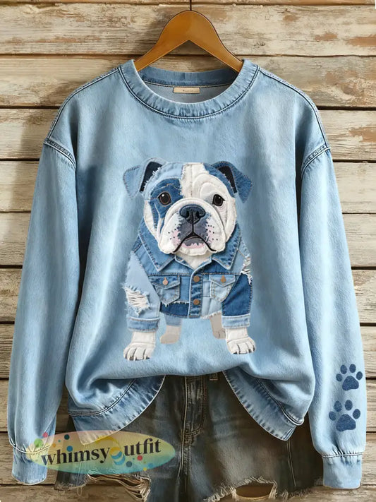 Denim patchwork kunst Franse Bulldog patroon sweatshirt voor dames - Blauw / S