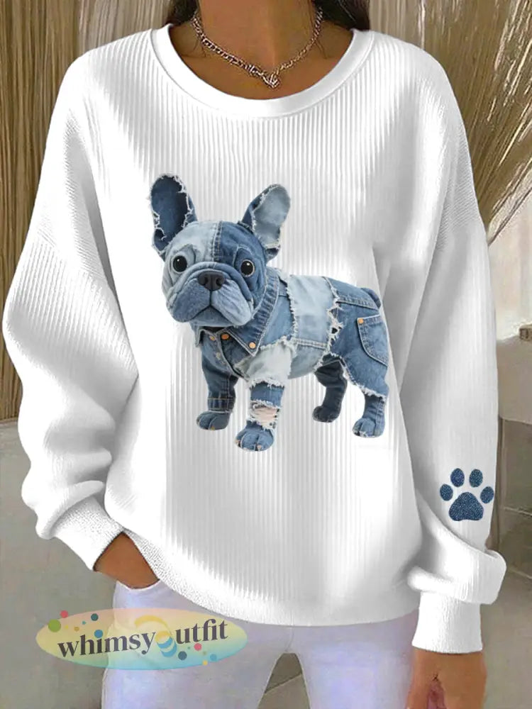 Denim patchwork kunst Franse Bulldog patroon sweatshirt voor dames - Wit / S