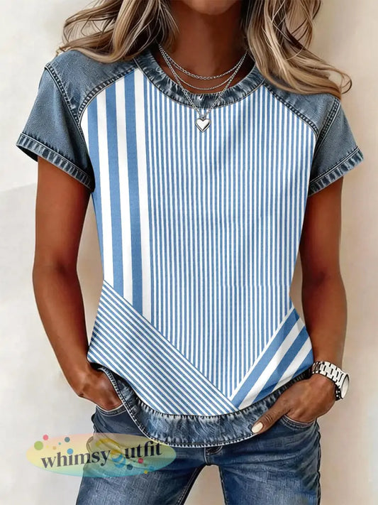 Denim patchwork top met eenvoudig gestreept patroon - Blauw / S