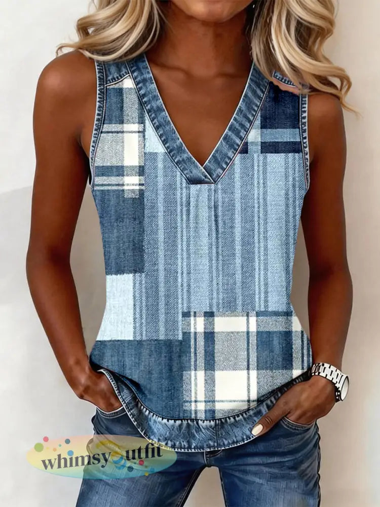 Denim patchwork V-hals voor dames - als foto / S