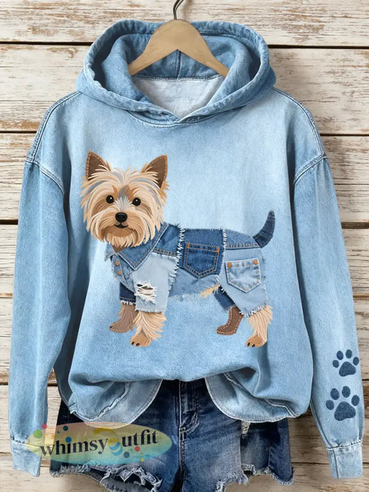 Denim patchwork voor dames Art Yorkshire Terrier Hondenpatroon Hoodie - Blauw / S