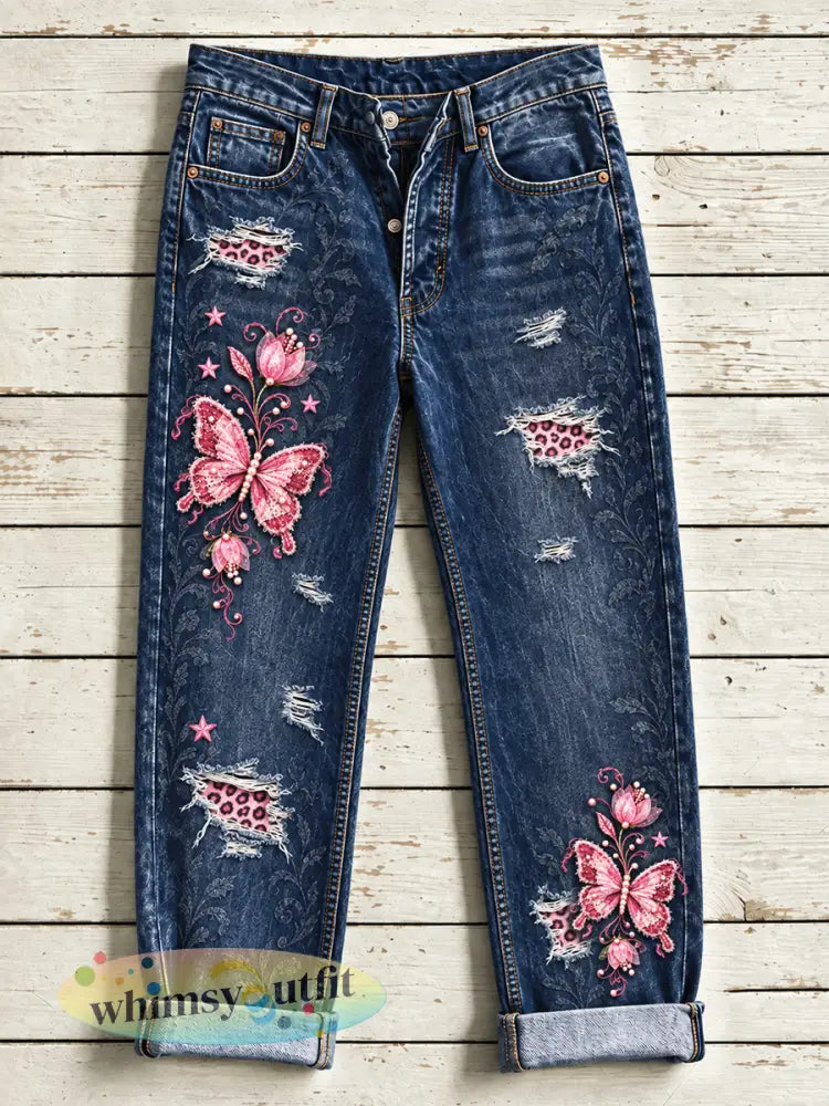 Diepblauwe vrijetijdspantalon voor dames met vlinder- en bloemenprint - Diep Blauw / S