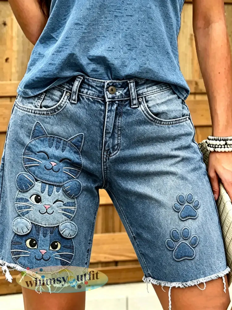 Dierenkunst bedrukte korte jeans voor dames - Blauw / S