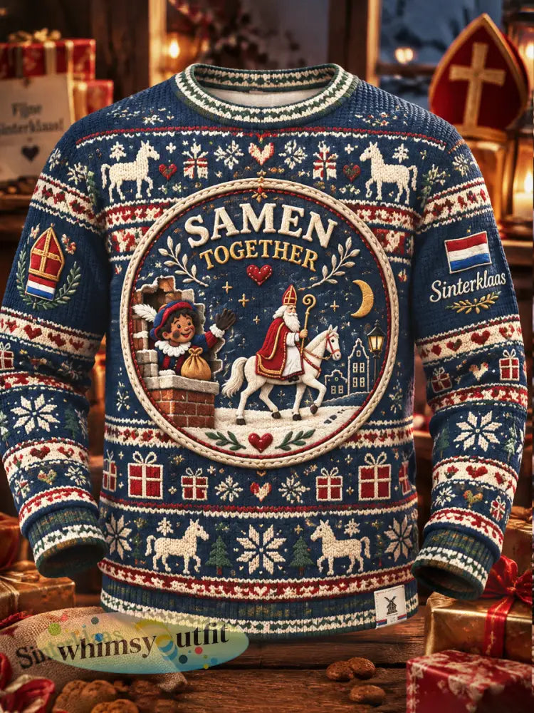 Donkerblauw casual herentop met lange mouwen en print van Sinterklaas en Zwarte Piet - Diep Blauw / S